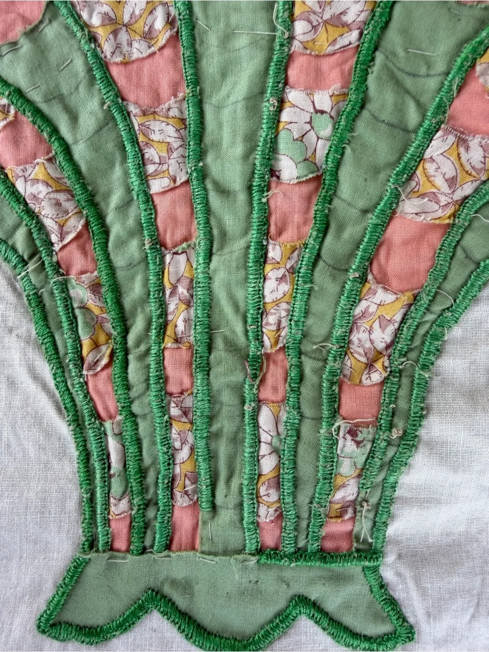 Vintage Flower Basket Embroidered Appliqué Quilt Top Unfinished READ 80x105